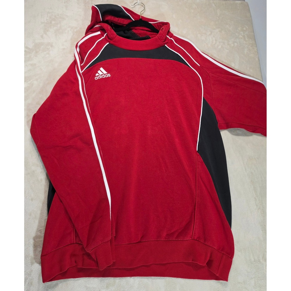 Adidas Mens Red Black White Stripe Pullover Hoodie Fleece Sweatshirt Size 2XL